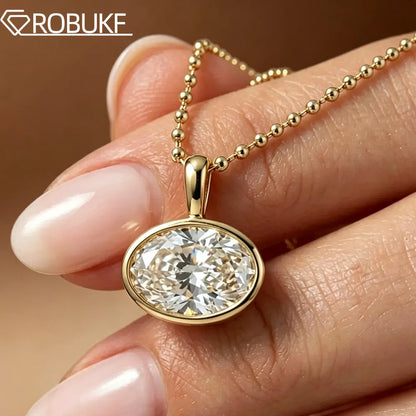 GRA Certified 2/3/4ct East West Oval Cut Moissanite Pendant Necklace for Women Bezel Set Solitaire Diamond 925 Silver Bead Chain