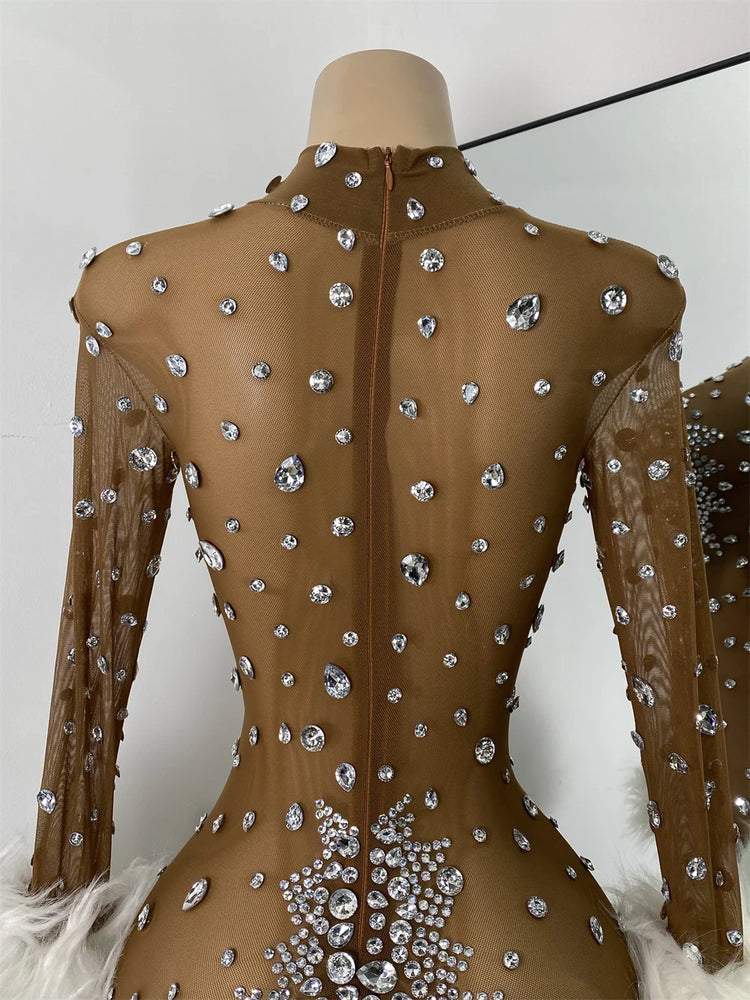 Luxury Diamonds Mesh Transparent Stretchy Jumpsuit for Women Sexy Long Sleeve Performance Singer Costume Nightclub Outfit 2025