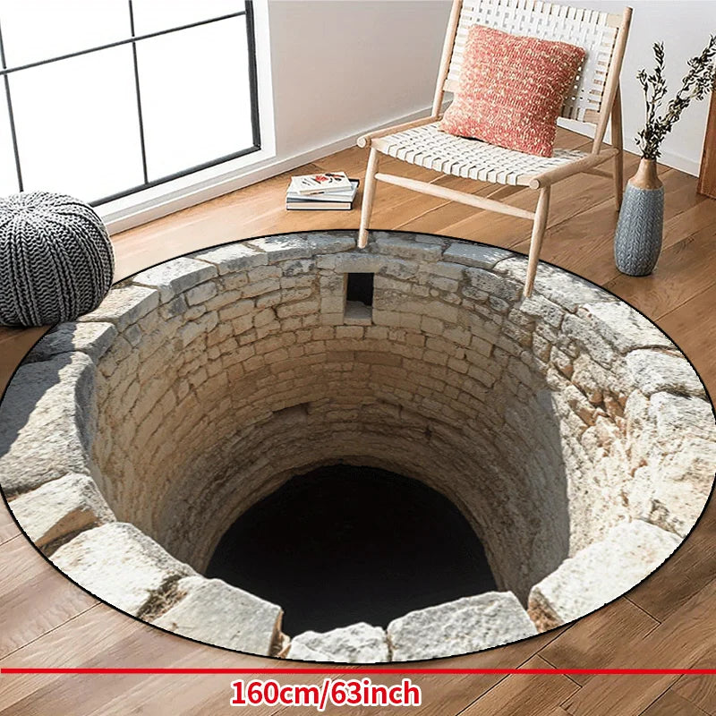 Stone Well Illusion Round Rug Flannel Unique Home Decor Living Room Floor Art Optical Illusion Design Conversation Starter Piece