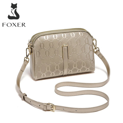 FOXER Elegant Women's Shoulder Bag Split Leather Lady Crossbody Bag Fashion Monogram Print Large Capacity Purse