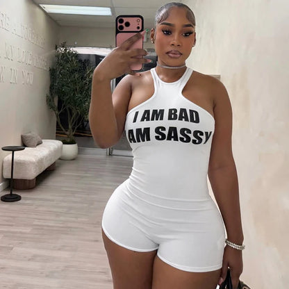 Letter offset printing sleeveless tight hanging neck strapless vest jumpsuit shorts
