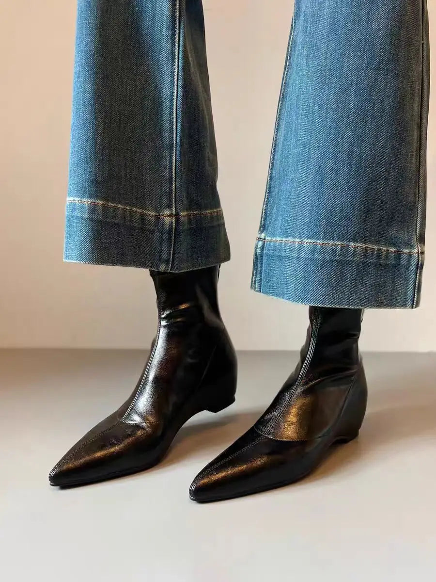 Flats Women's Ankle Boots Luxury Pointed Toe Leather Shoes Winter Sexy Short Boots 2025 Elegant Dress Chelsea Boots Mujer Shoes