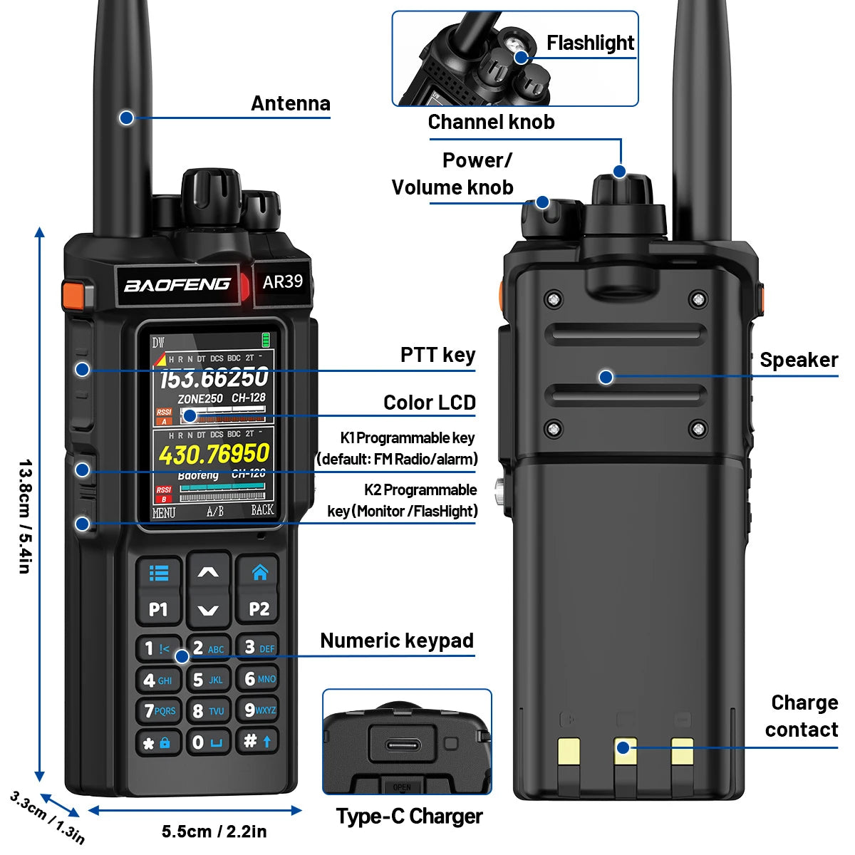 BAOFENG AR-39 Walkie Talkie Wireless Copy Frequency Long Range Type-C Charger Wireless Copy Frequency Large Screen Ham Radio