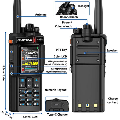 BAOFENG AR-39 Walkie Talkie Wireless Copy Frequency Long Range Type-C Charger Wireless Copy Frequency Large Screen Ham Radio