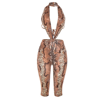 Weird Puss Sexy Backless Playsuit Woman Summer Trend Serpentine Print Halter Low-Neck Skinny Stretch Midnight Club Party Rompers
