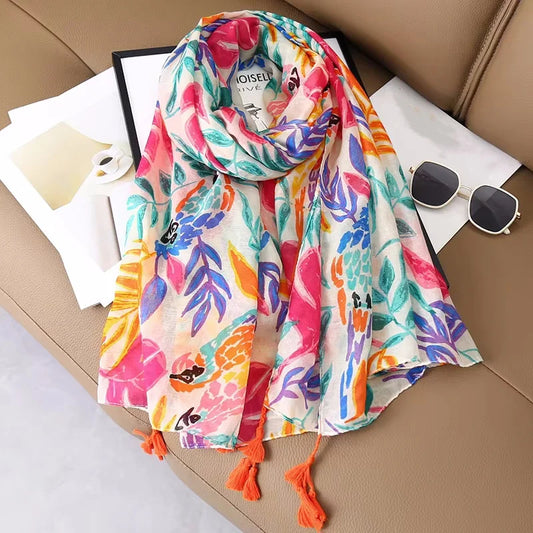2024 Designer Brand Women Scarf Bohemia Print Lady Shawls Cotton Feeling Soft Oversize Hijabs Neck Headband Tassel Foulard