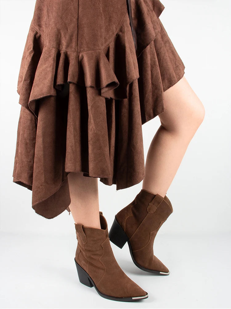 GMQM 2025 Women's Comfort Ankle Booties Brown Cowboy Western Boots Metal Heels Block Wide Calf Pointed Toe Slip On Casual Shoes