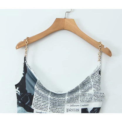2025 Women Newspaper Letter Print Irregular Hem Sexy Dresses Thin Straps With Chain Backless  Summer Short Dress