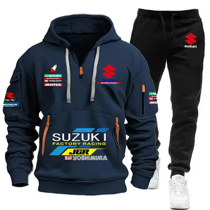 2026 Suzuki Men's Hoodie, Half-Closed Front Multi-Pocket Sport Shirt + Athletic Pants Two-Piece Set for Cycling, Running and Mot