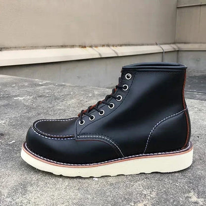 Men's Goodyear-Welted Vintage Genuine Leather Mid-calf Motorcycle Boots Round toe Casual Punk Dress Boots Work Shoes Western Red