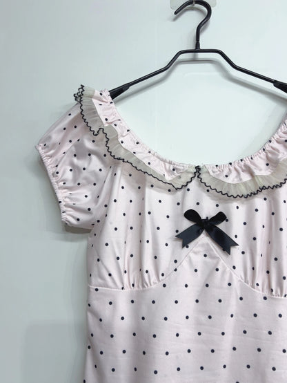 Women Summer Korean Fashion Sweet Bow Tops Vintage Cute Y2K Polka Dot Print Slim Fit Japan Lace Shirt Short Sleeve 2000s Clothes