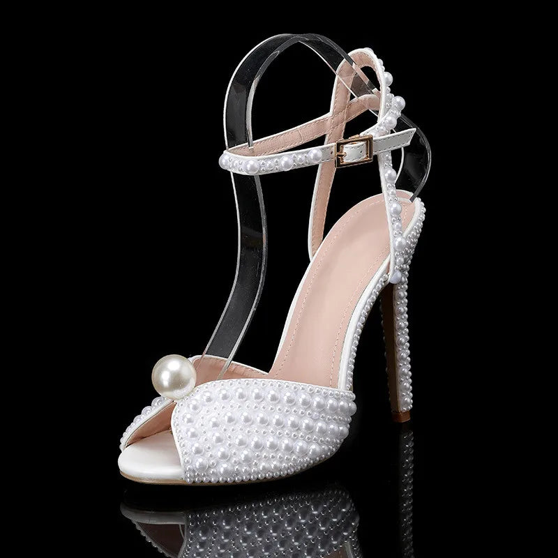 Luxury Handmade Pearl Peep Toe Women Sandals Fashion Summer Wedding Princess Thin High heels Elegant Party Prom Bridal Shoes