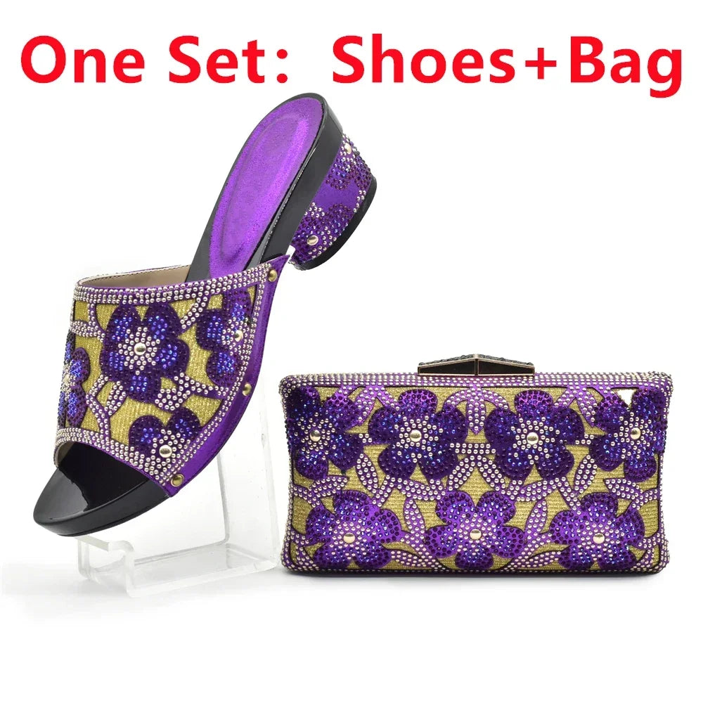 New Arrival Green Color Nigerian Shoes and Matching Bags Set Italian Ladies Shoes and Bags To Match Set Decorated with Rhinstone