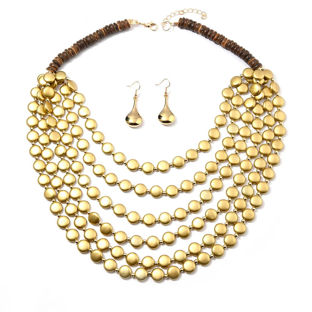 2026 Trend MultiLayer Round Wood Disc Handmade Beaded Statement Necklace Earrings Set For Women Beach Holiday Party Accessories