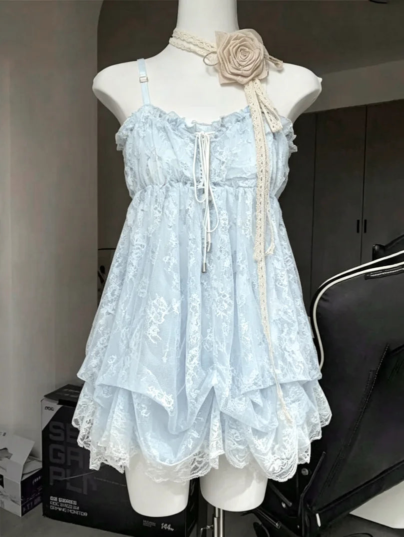 Lace Purple Dot Mini Dress Women Floral Dress Elegant Casuak Y2k Boho Kawaii Vintage One Piece Dress Korean Fashion Vintage Chic