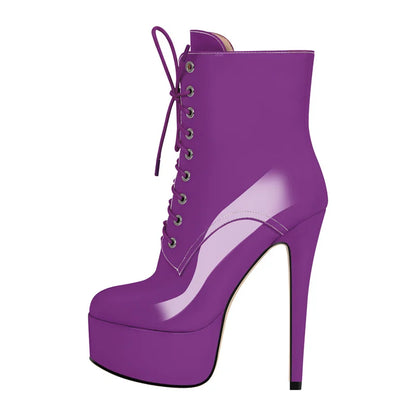 Onlymaker Women Round Toe Platform Lace-up Stiletto Printed Side Zipper Stiletto High Heel Ankle Boots