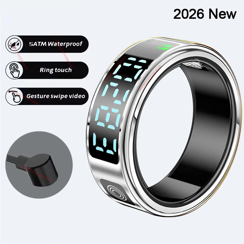 2026 R12 Smart Ring with Display Screen and Touch, Wireless Charging, Health Manager 5ATM Waterproof For Men Women Smartring New