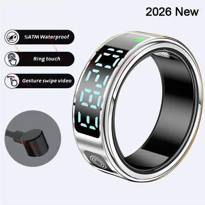 2026 R12 Smart Ring with Display Screen and Touch, Wireless Charging, Health Manager 5ATM Waterproof For Men Women Smartring New