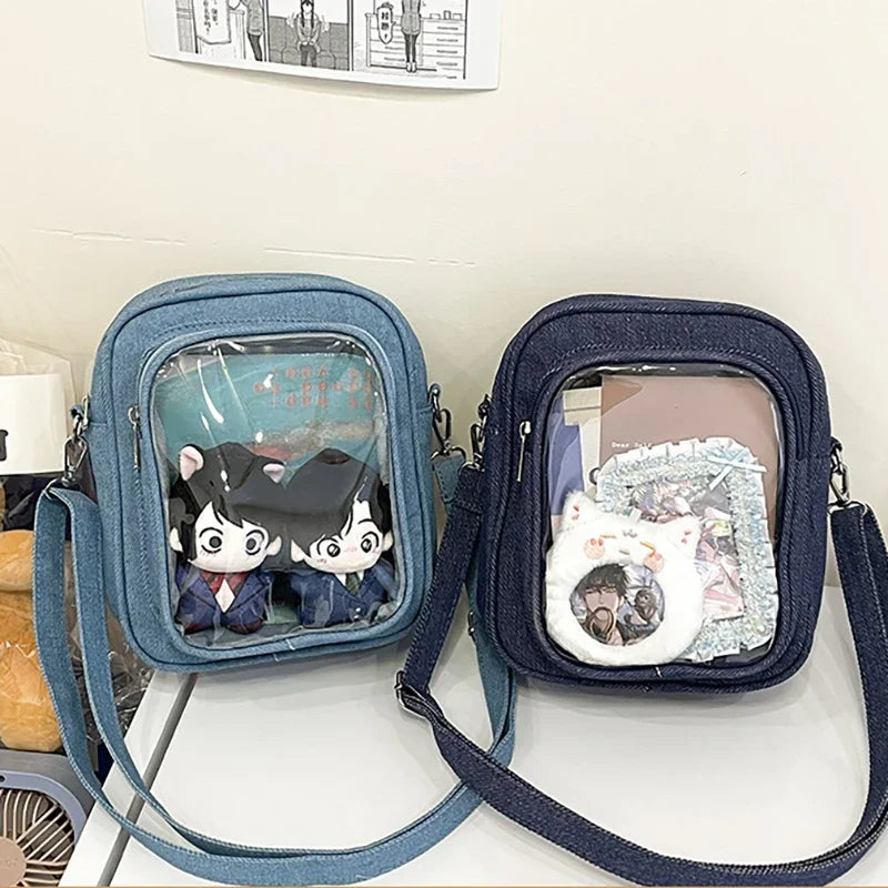 New Denim Ulzzang Ita Bags Female Transparent Badge Doll Show Crossbody Shoulder Bag Individuality Designer 2 Sides Bolso Mujer