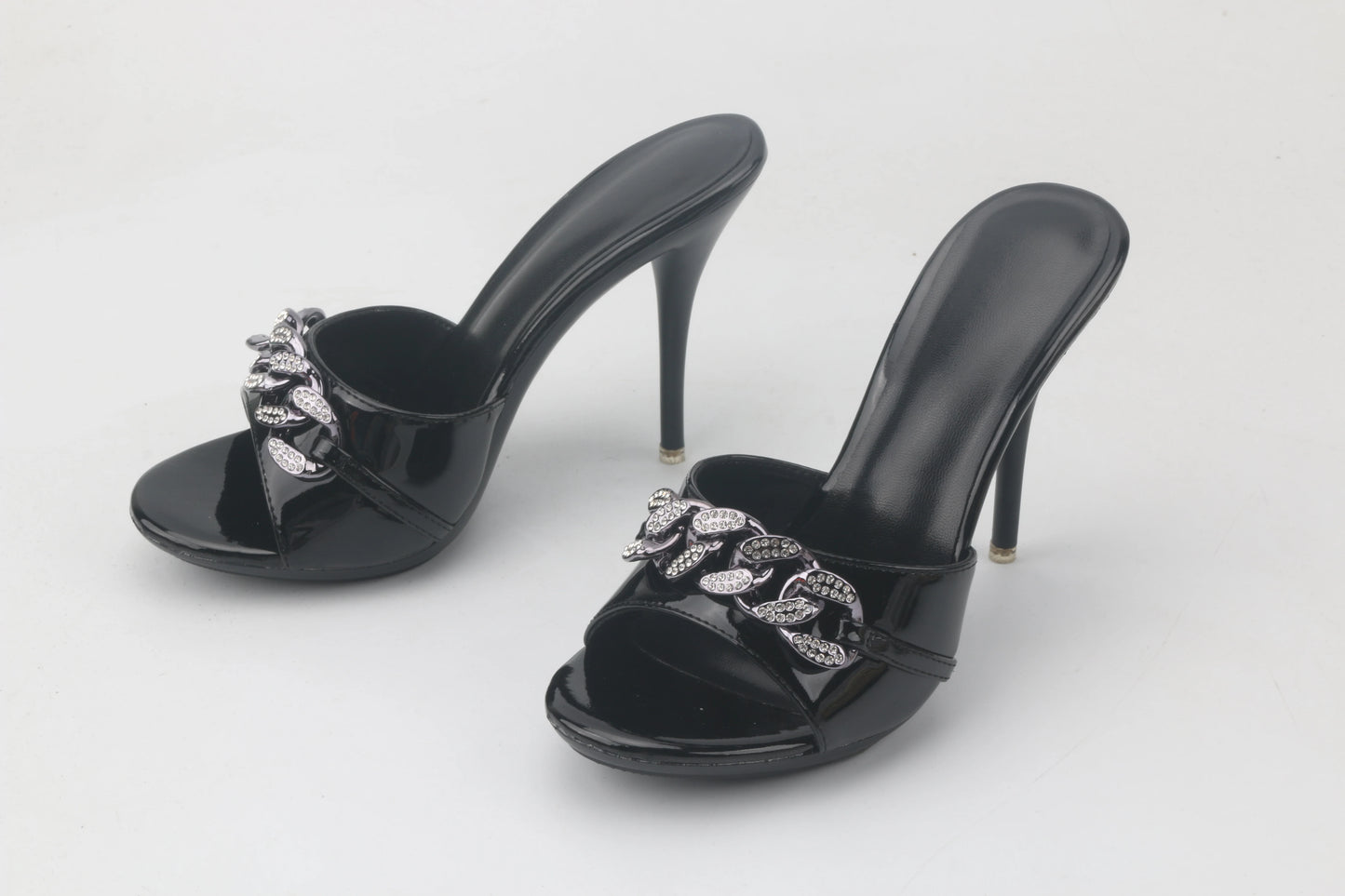 Female Summer High Heels Sexy Open Toes Slippers Luxury Rhinestone Party Dress Shoes Black Slides Sandals Women Mules Plus Size