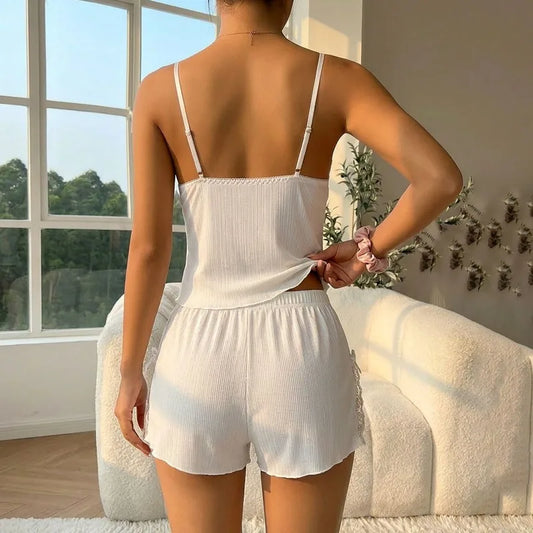 Women's Ribbed Lace Camisole Shorts Pajama Set Summer Breathe Sleeveless Sleepwear 2 Piece Set Female Soft Elastic Homewear