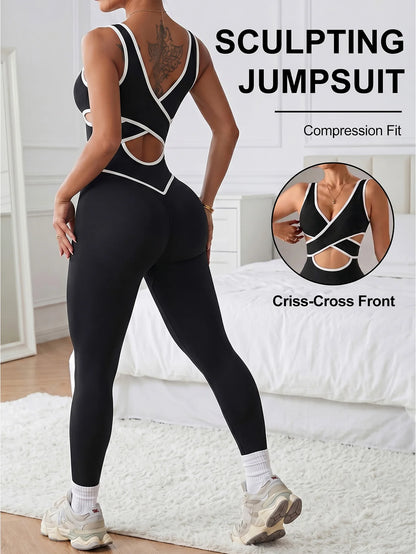 Women Criss Cross Cutout Contrast Piping Workout Jumpsuit Sleeveless Sculpting Yoga Bodysuit