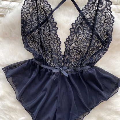 Women Floral Lace Mesh Strappy Bodysuit Fashion Hollow Sexy Comfortable Catsuit One Piece Tights Transparent Onesie