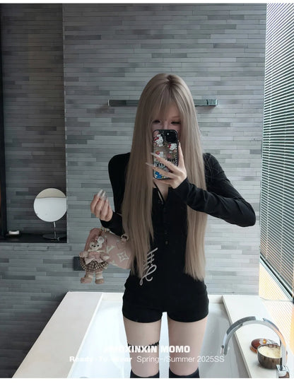 Pure Desire American Long Sleeved T-shirt Jumpsuit Slim Fit Letter Spicy Girl Sexy Sports Fitness Yoga Cycling Jumpsuit Shorts