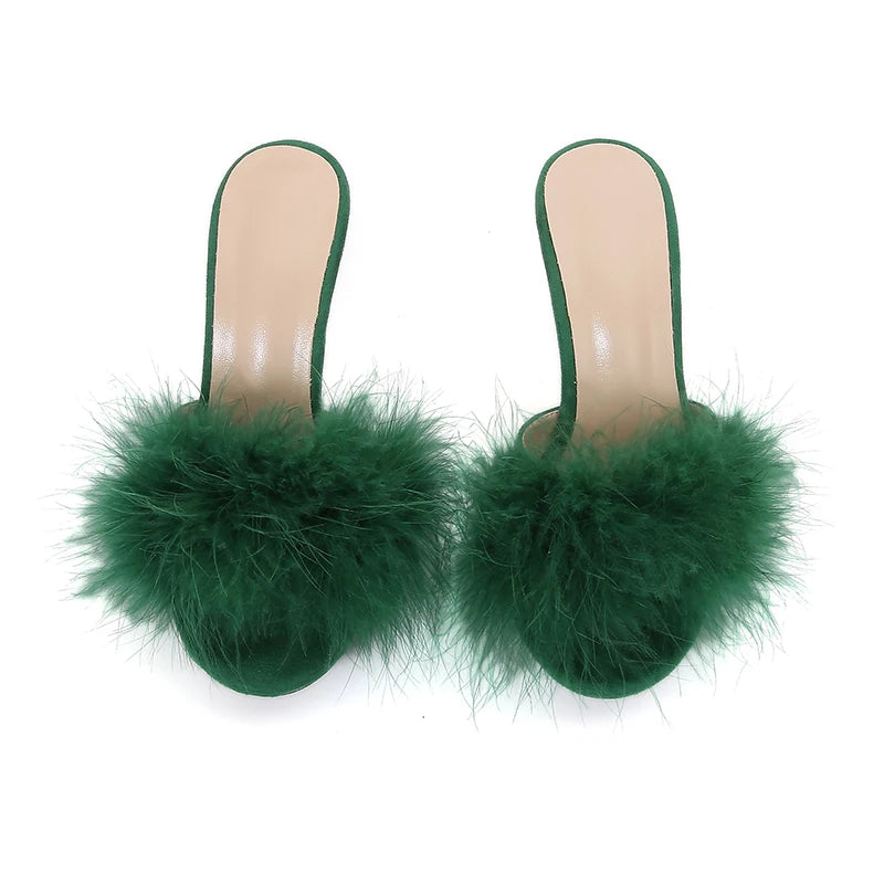 10CM Thin High Heel Summer Furry Slippers For Ladies Mules Fashion Fluffy Fur Slides Sandals 2025 New Brand Women's Party Shoes