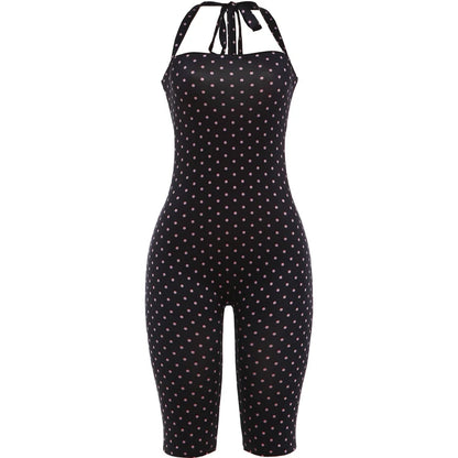 Weird Puss Sexy Backless Rompers Woman Polka Dot Print Bandage Halter Sleeveless Skinny Peach Hip High Street Fashion Playsuits