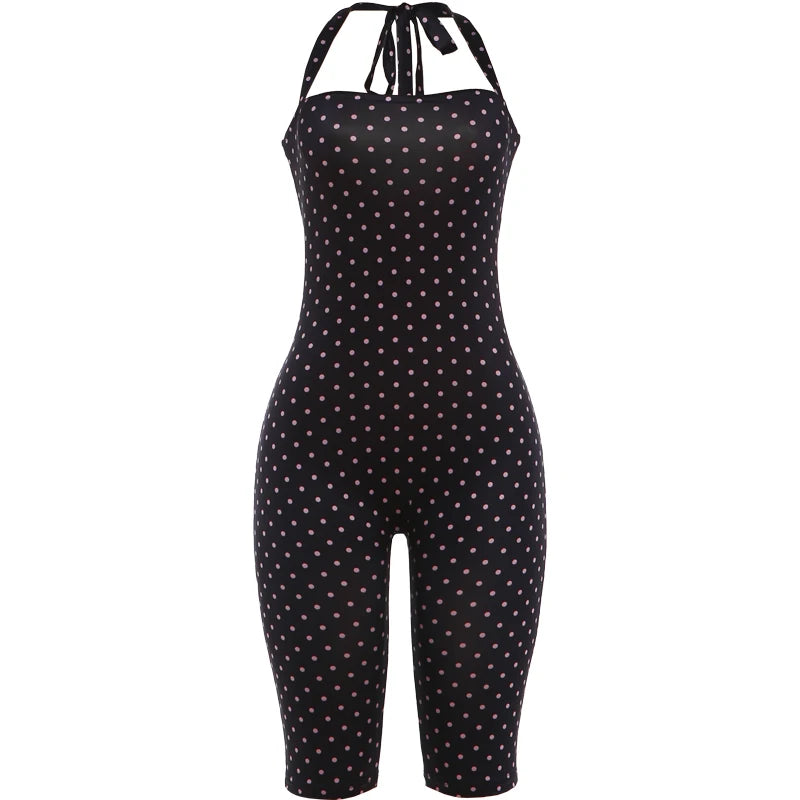 Weird Puss Sexy Backless Rompers Woman Polka Dot Print Bandage Halter Sleeveless Skinny Peach Hip High Street Fashion Playsuits