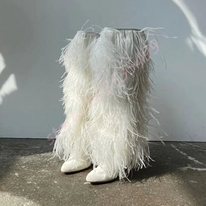 2025 Winter Black Sexy Ladies Catwalk Fur Boots Fashion Street Model Soft Fur Knee-High Stage Boots Pointed Warm Stiletto Boots
