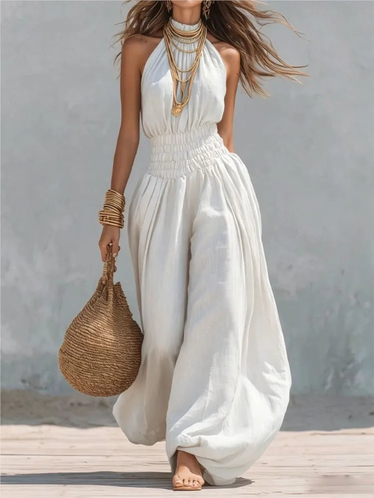 Summer Sexy Halter Sleeveless Pleated Jumpsuit Women Fashion Solid Elastic Waisted Wide Leg Jumpsuit Casual Loose Rompers Street