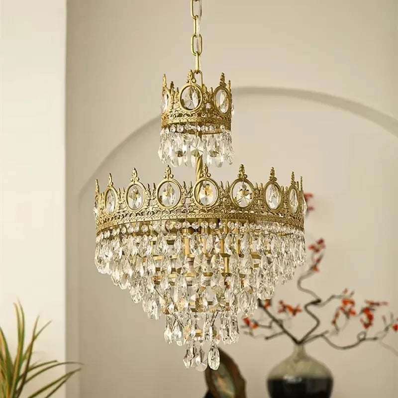 Modern Luxury Chandelier LED Crystal Vintage French Pendant Lamps for Living Dining Table Room Golden Crown Lighting Home Deocr