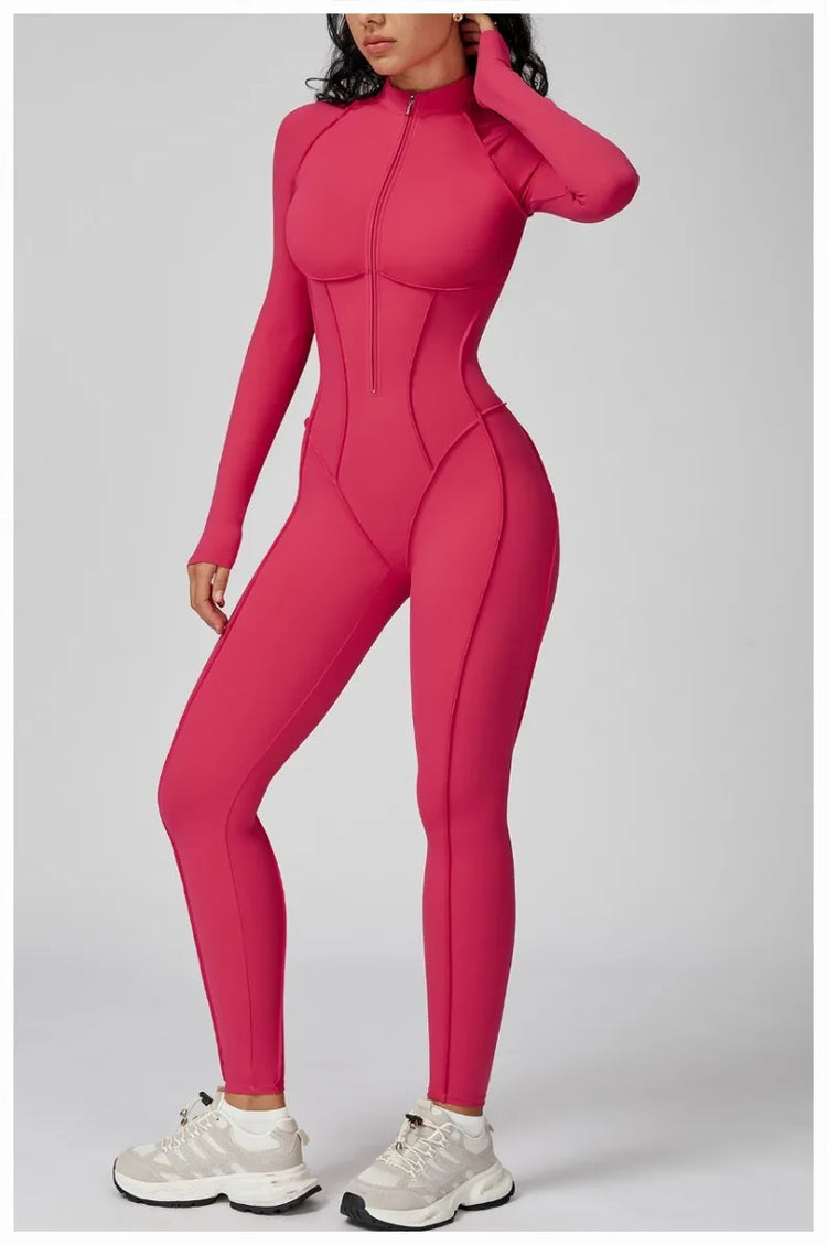 Women's New Sports Bodysuits Fitness Jumpsuit Slim Zipper Neck Sexy Splice Elasticity Jumpsuit Female Gym One Piece Sportswear