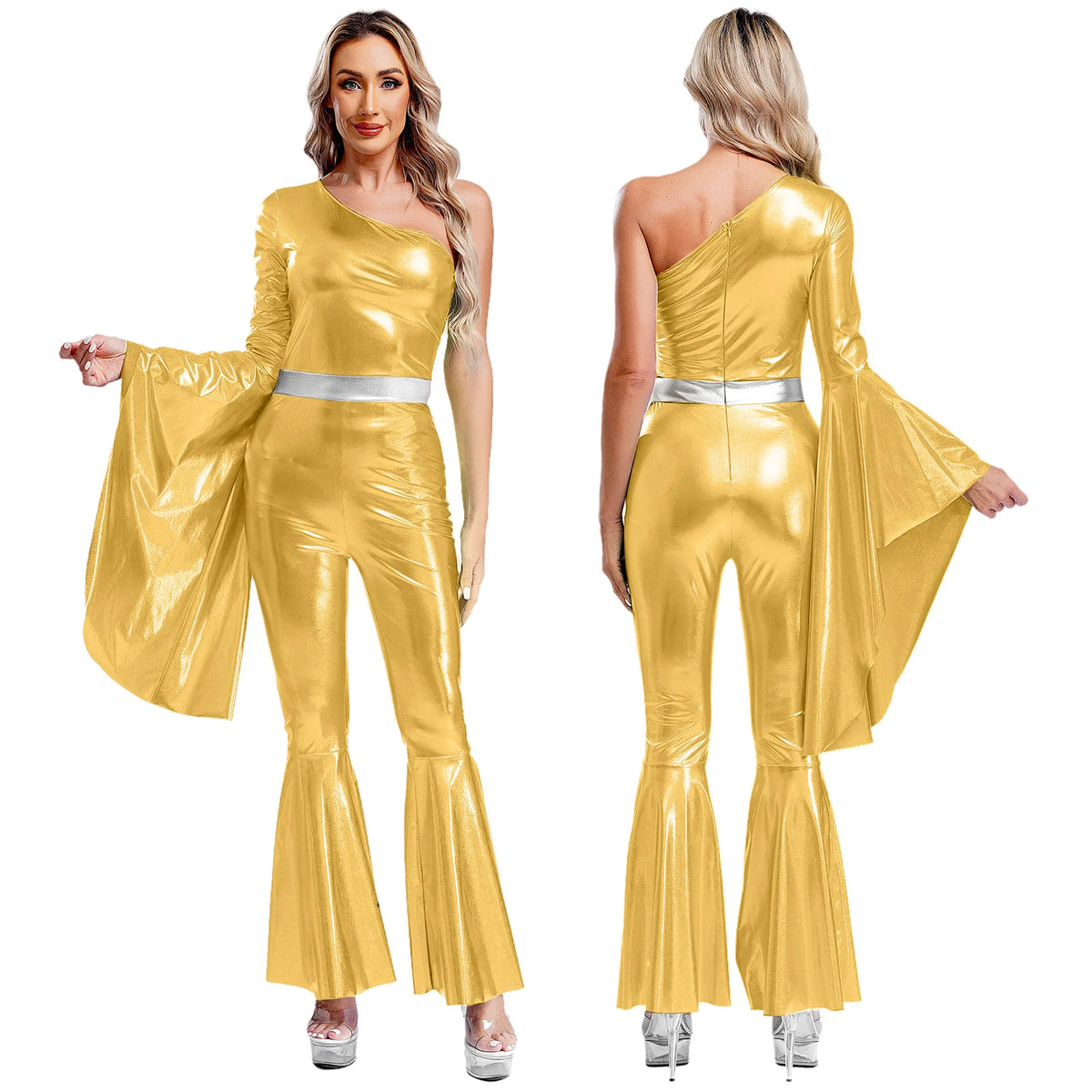 Women Vintage One Piece 70s Disco Dance Rompers Sleeveless Metallic Bell Bottom Flared Pants Jumpsuit for Retro Party Jazz Dance