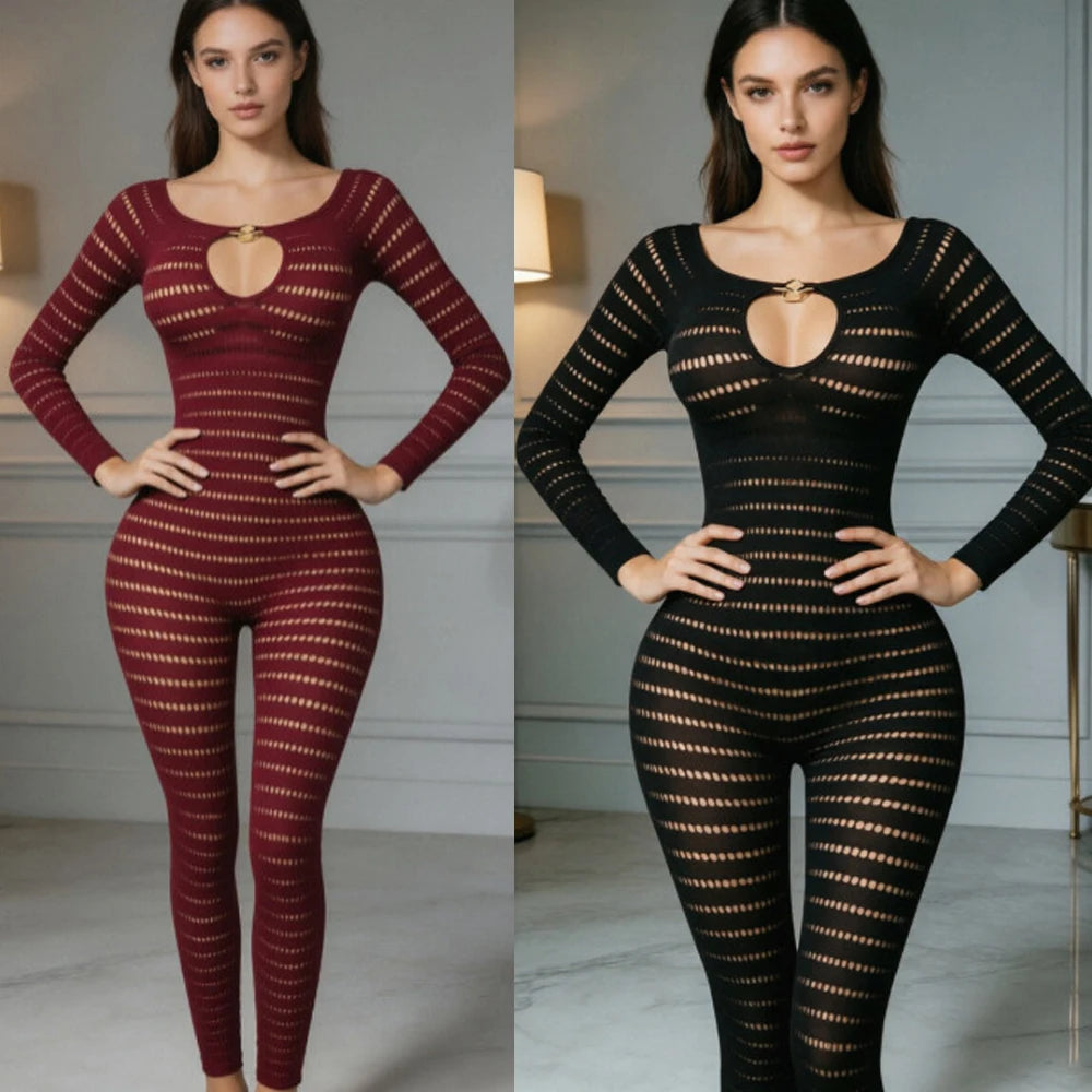 Sexy Knit See Through Bodycon Jumpsuits for Women 2026 New Summer Solid Color Hollow Out Rompers Night Party Club Playsuits