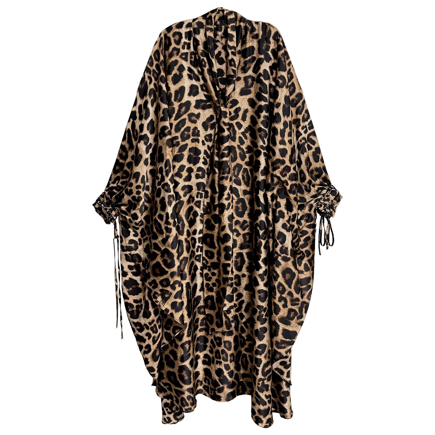 Leopard Print Loose Bat-sleeve Dress Women Summer Stand-up Collar Tie-waist Oversize Slimming Casual Long Dress XY420