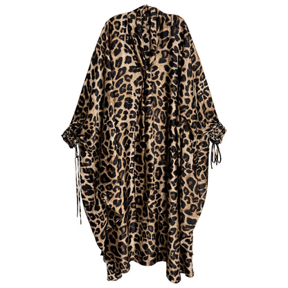 Leopard Print Loose Bat-sleeve Dress Women Summer Stand-up Collar Tie-waist Oversize Slimming Casual Long Dress XY420