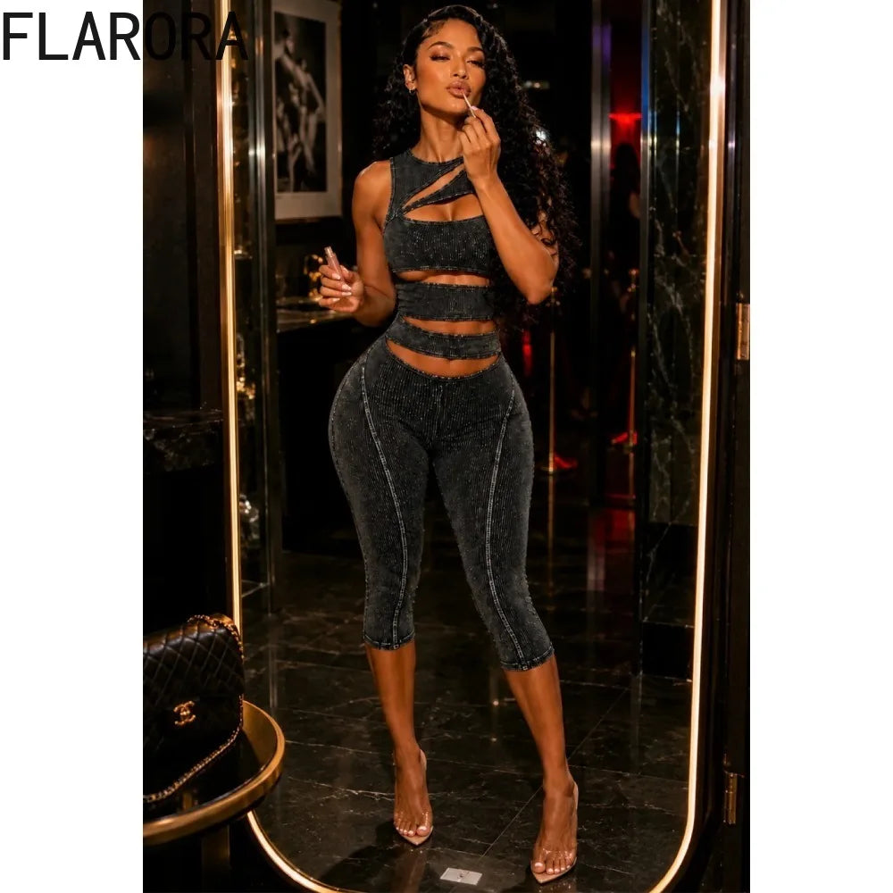 FLARORA Fashion Ribber Knitted Capri Jumpsuits Woman Sexy Hollow Out O-neck Sleeveless Zipper Skinny Playsuits Hottie Streetwear