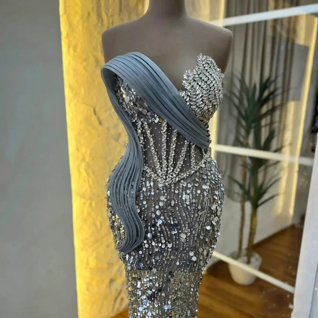 Glamorous Sequins Evening Dresses Sleeveless Floor Length Mermaid Prom Gowns Crystals Vestidos De Noche Customized