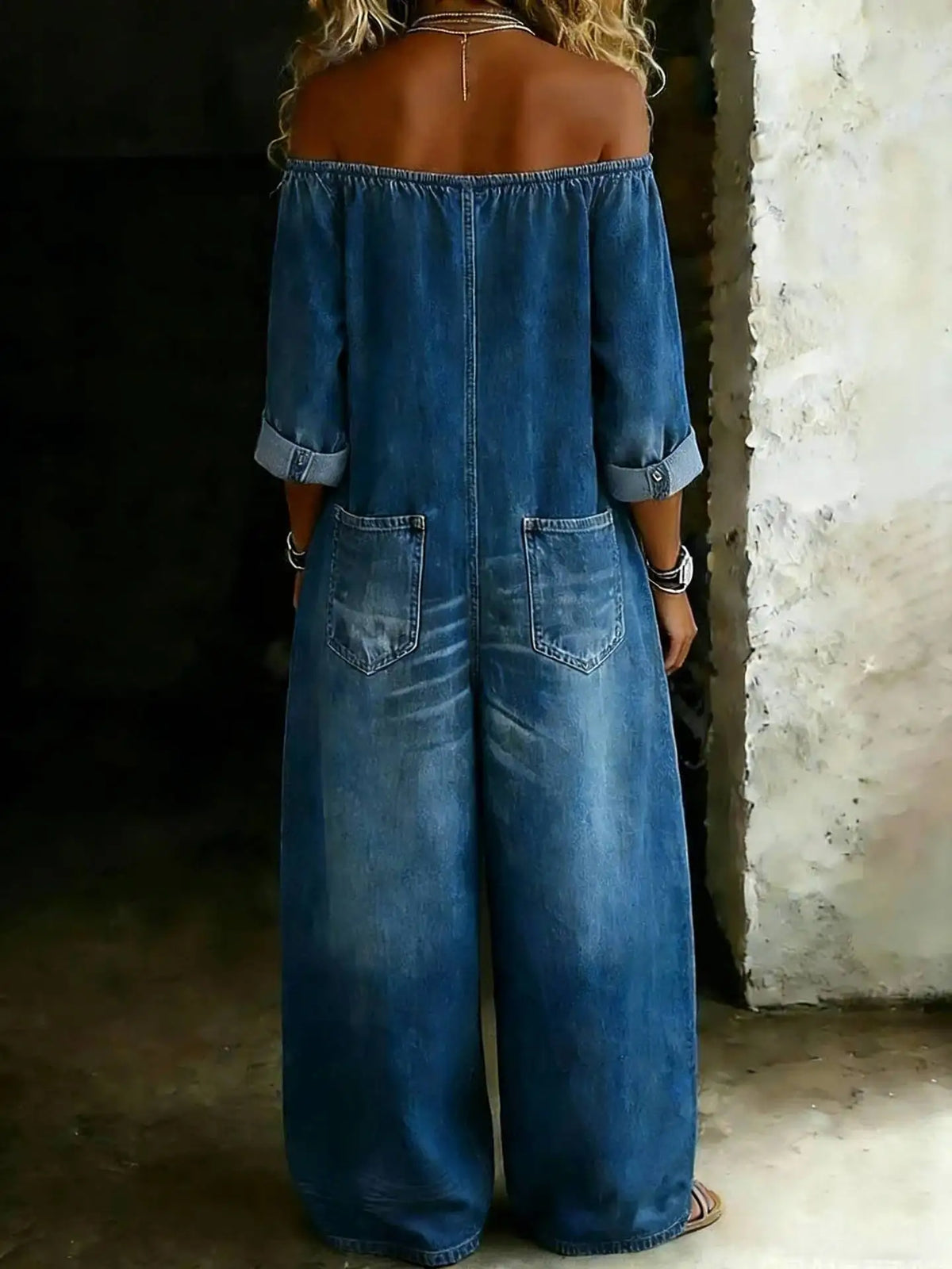 2026 Fashion Retro Imitation Denim Jumpsuit for Women Summer New Single-Breasted Off-shoulder Long Loose Rompers Overalls Pants