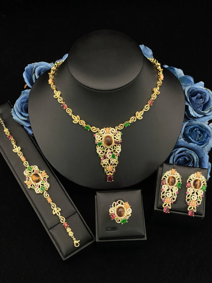 Falair Women's Luxury Zircon Simulated Jewelry Set Gilded Copper Bracelet Ring Necklace Earrings Daily Elegant Jewelry