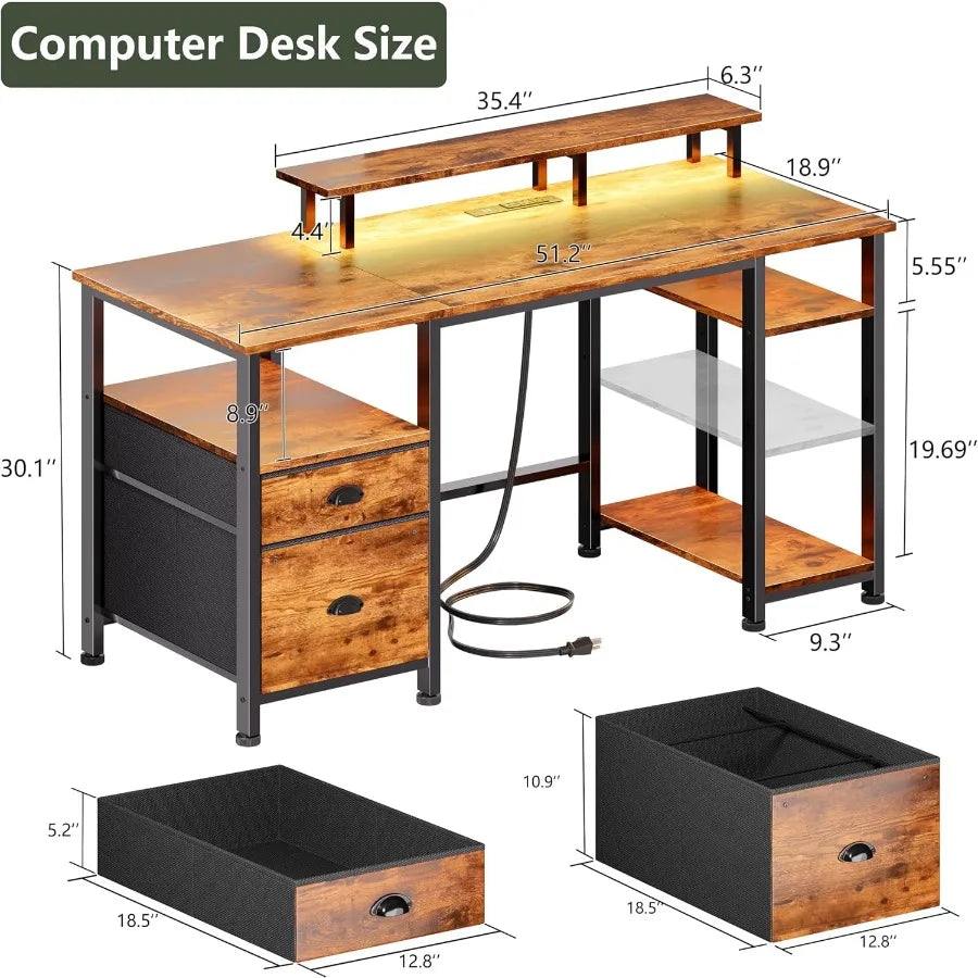 51" Computer Desk with Outlets and LED, Desk with Drawers, Brown