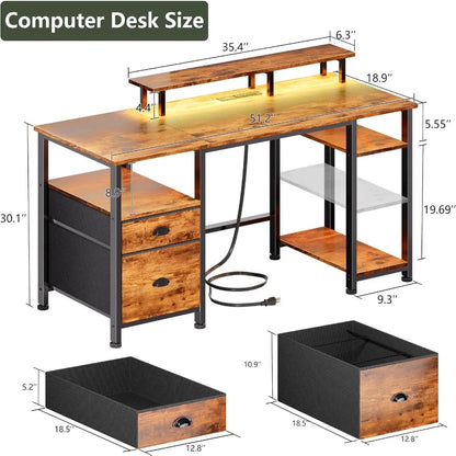 51" Computer Desk with Outlets and LED, Desk with Drawers, Brown