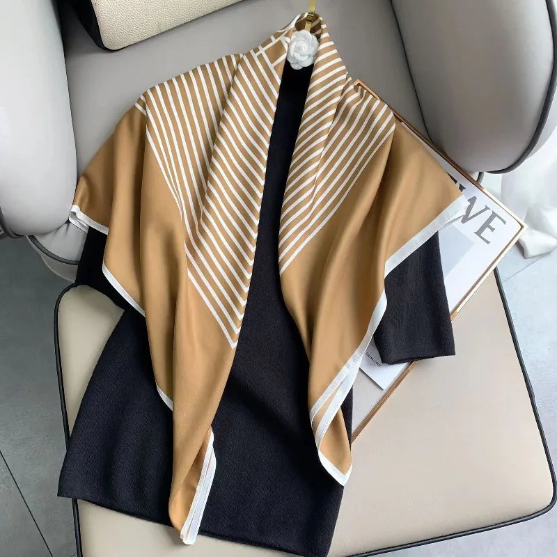 Fashion 90×90CM Geometric Stripe Printed Square Silk Scarf Bandana Women's Neckerchief Hijab Daily Wear Fall Decoration Shawl