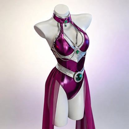 Starfire Cosplay Superhero Costume Purple Metallic Bodysuit Cape Outfit Women Cosplay Jumpsuit Halloween Party Performance Suit