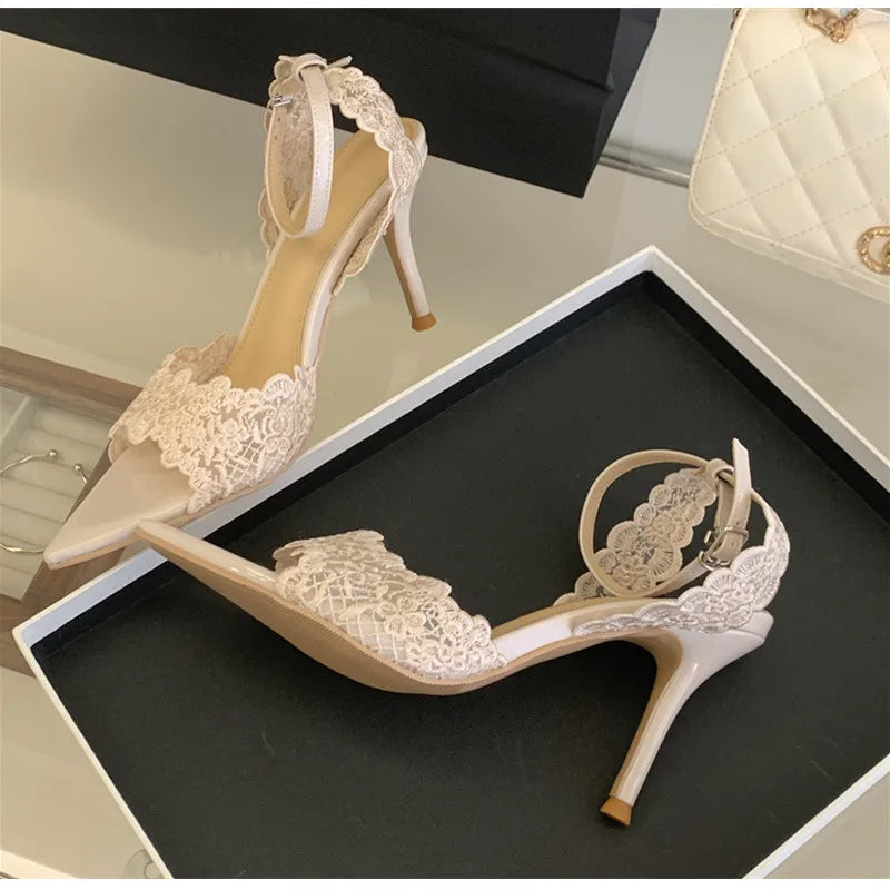 Luxury Lace Embroidery Ankle Strap Buckle Women Gladiator Sandals Elegant Thin High heels Summer Fashion Party Wedding Shoes