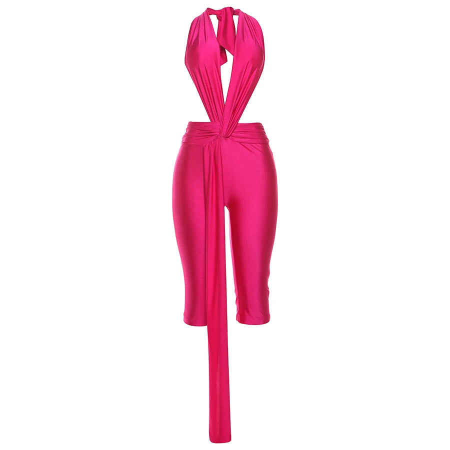 Weird Puss Patchwork Halter Romper Women Ribbon Sleeveless Elastic Backless Workout Activewear Midnight Activity Slim Playsuits