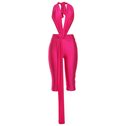 Weird Puss Patchwork Halter Romper Women Ribbon Sleeveless Elastic Backless Workout Activewear Midnight Activity Slim Playsuits